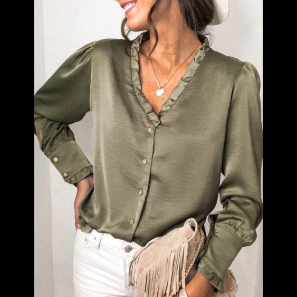 Frilled Collar Button Up Hunter Green French Blouse - Picture 5 of 6